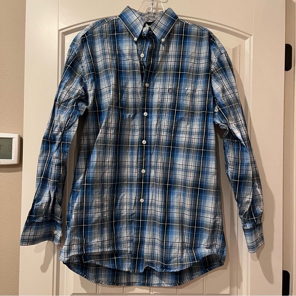 Wrangler George Strait Men's Blue and White Plaid Button Down Shirt Medium